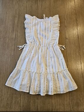 Girls Ivory Dress with Gold Stripes - Ruffle Short Sleeve Summer Dress Sz. 8